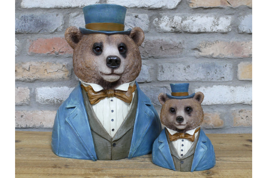Bear Bust Resin Figurine Wearing Suit and Hat Quirky Home Decor