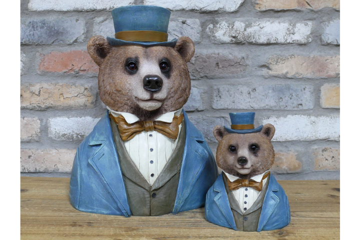 Bear Bust Resin Figurine Wearing Suit and Hat Quirky Home Decor