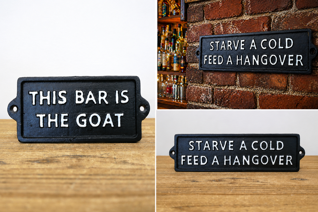 Humorous Bar Wall Signs – Feed a Hangover, This Bar Is the GOAT & Adulting Zone