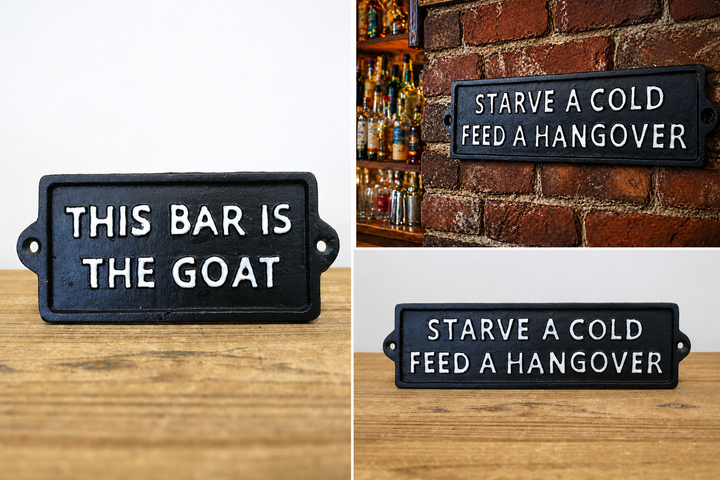 Humorous Bar Wall Signs – Feed a Hangover, This Bar Is the GOAT & Adulting Zone