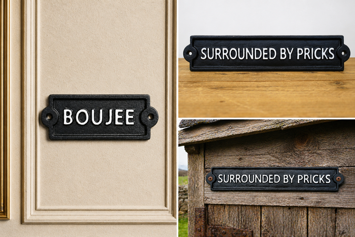 Humorous Statement Wall Signs – Unhinged, Surrounded by Pricks & Boujee Decorative Signs