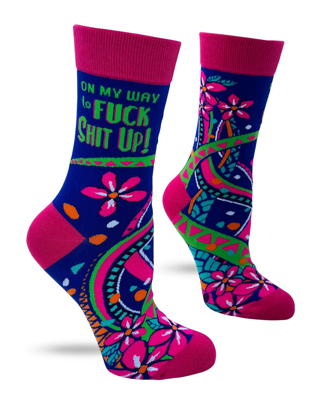 Blue & pink-funny cheeky novelty crew socks for women size 5-10 rude/humuor