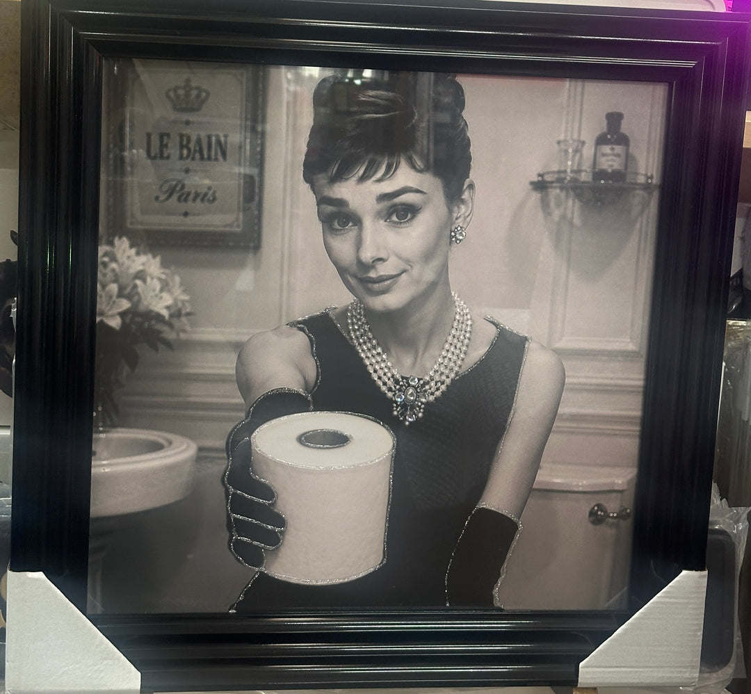 Audrey Hepburn Bathroom Wall Art Reading Newspaper & Holding Toilet Roll Black and White Bathroom Decor