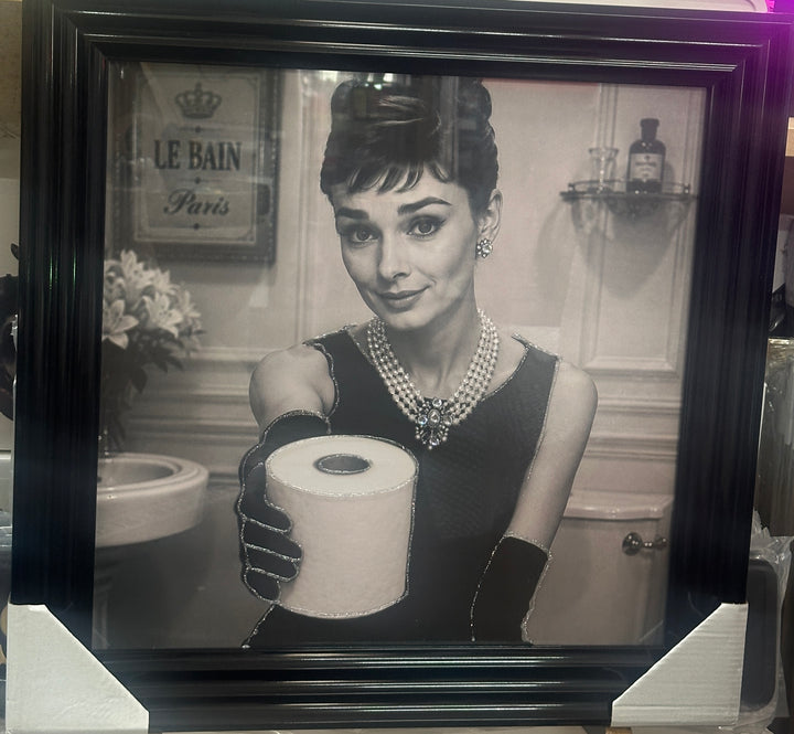 Audrey Hepburn Bathroom Wall Art Reading Newspaper & Holding Toilet Roll Black and White Bathroom Decor