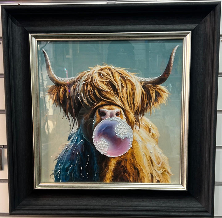 Highland Cow blowing bubble Wall Art Black & Silver alpha Frame Picture Decor