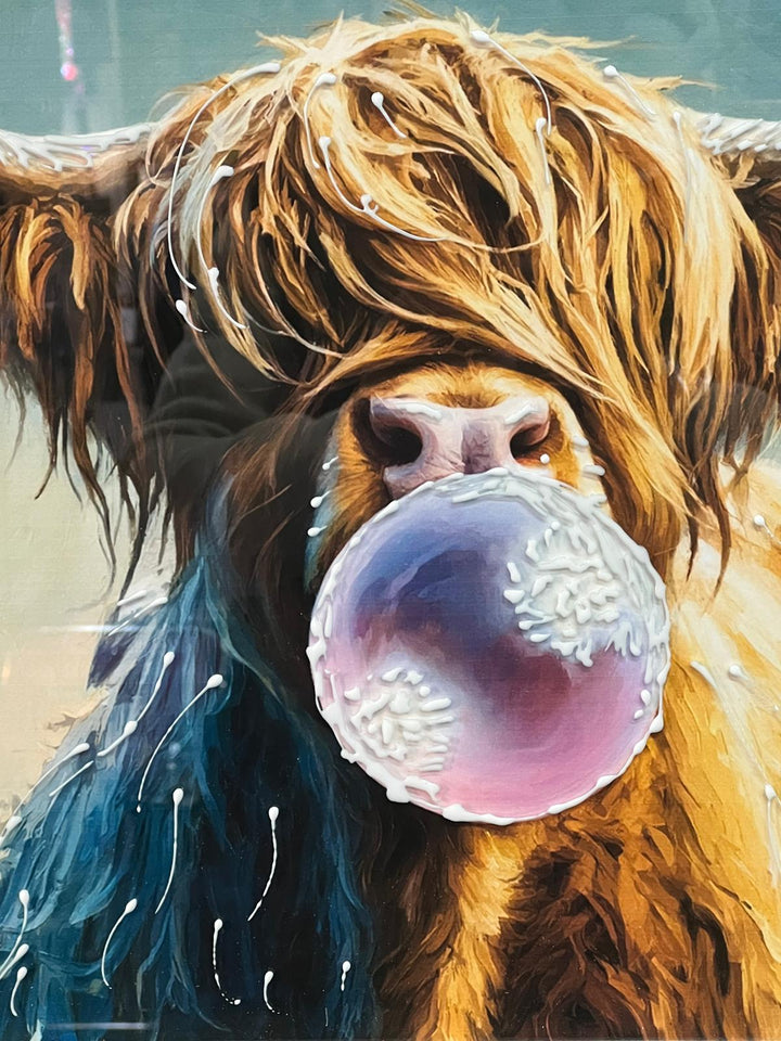 Highland Cow blowing bubble Wall Art Black & Silver alpha Frame Picture Decor