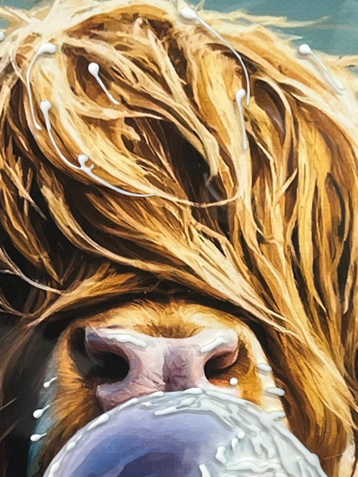 Highland Cow blowing bubble Wall Art Black & Silver alpha Frame Picture Decor