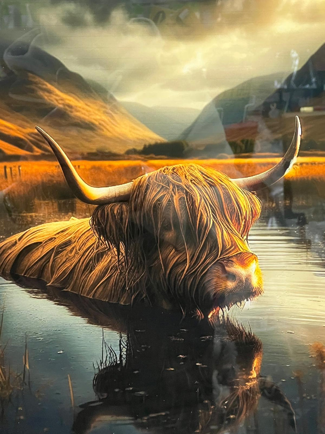 Highland Cow in pond of Water Wall Art Black & Silver alpha Frame Picture Decor