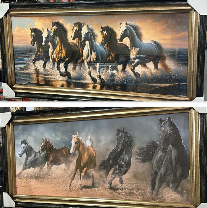 Vibrant Galloping Horses Liquid Art Resin Wall Art with Two-Tone Black & Gold Frame | Colourful Equestrian Decor | Luxury Modern Statement Piece