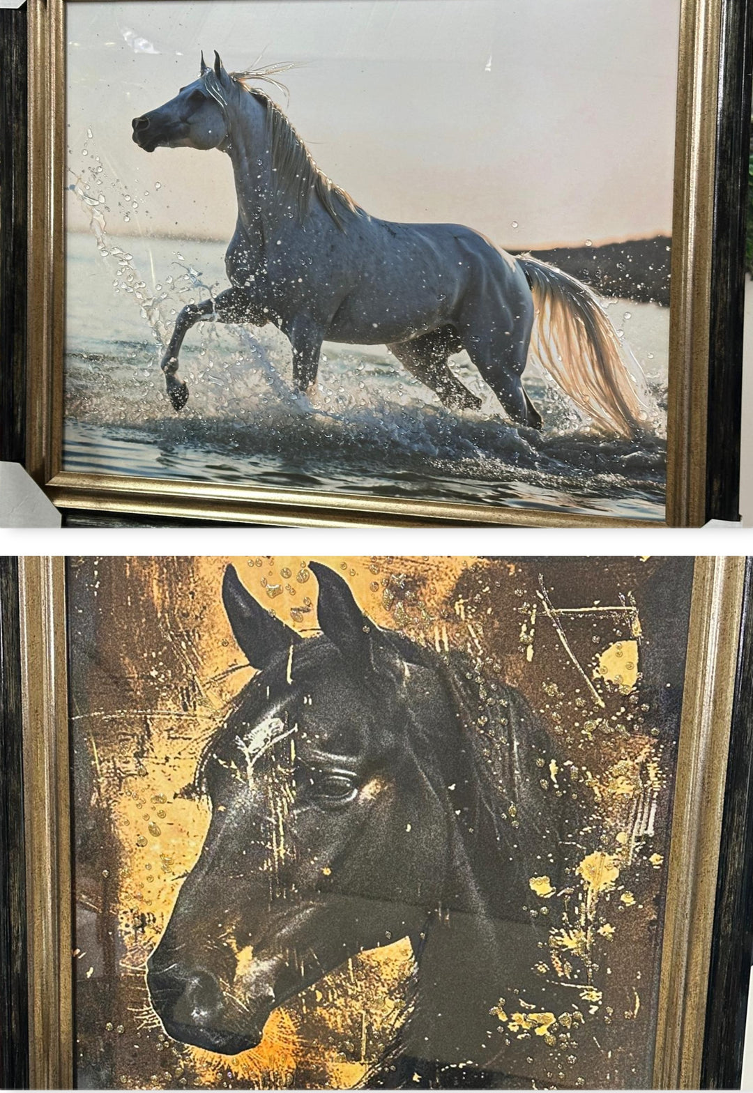 White & Black Horse Liquid Art Wall Art with Two-Tone Black & Gold Frame | Elegant Equestrian Resin Artwork