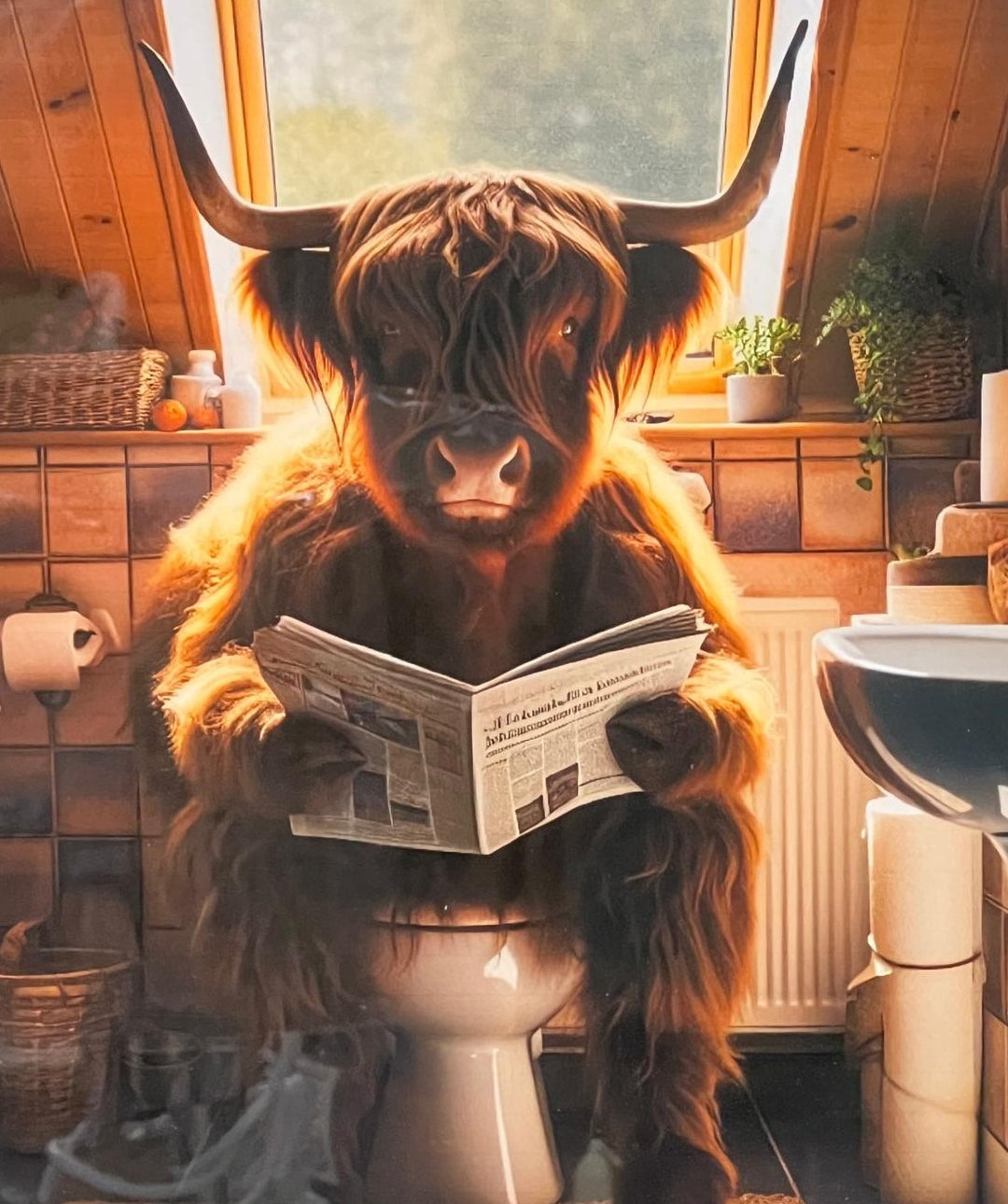 Highland Cow Chrome step frame picture sitting on a toilet, newspaper