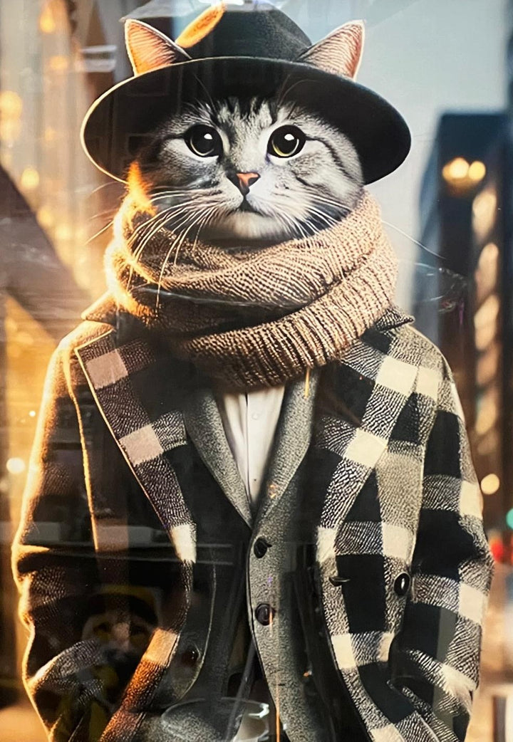 Black framed picture of a cat wearing beige coat, scarf & hat wall art decor