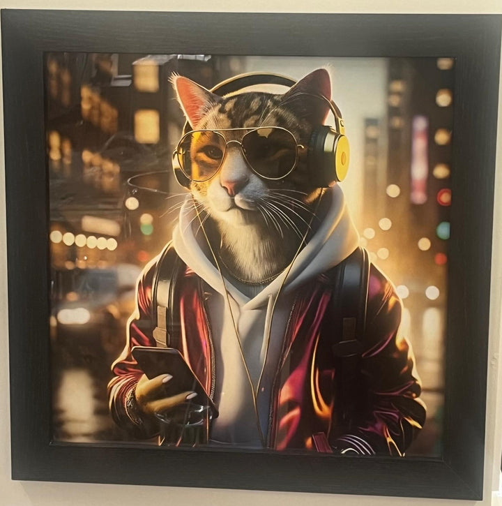 Black framed picture cat wearing red jaket, headphone, mobile phone