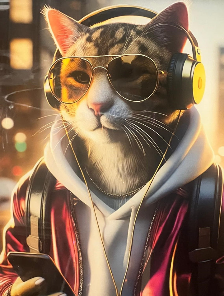 Black framed picture cat wearing red jaket, headphone, mobile phone