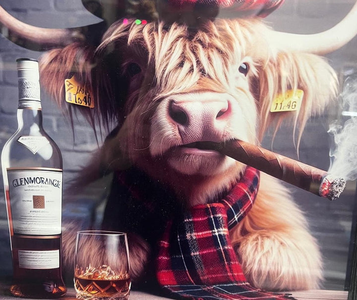 Black frame Highland Cow picture with Glenmorangie whisky, cigar - RIGHT