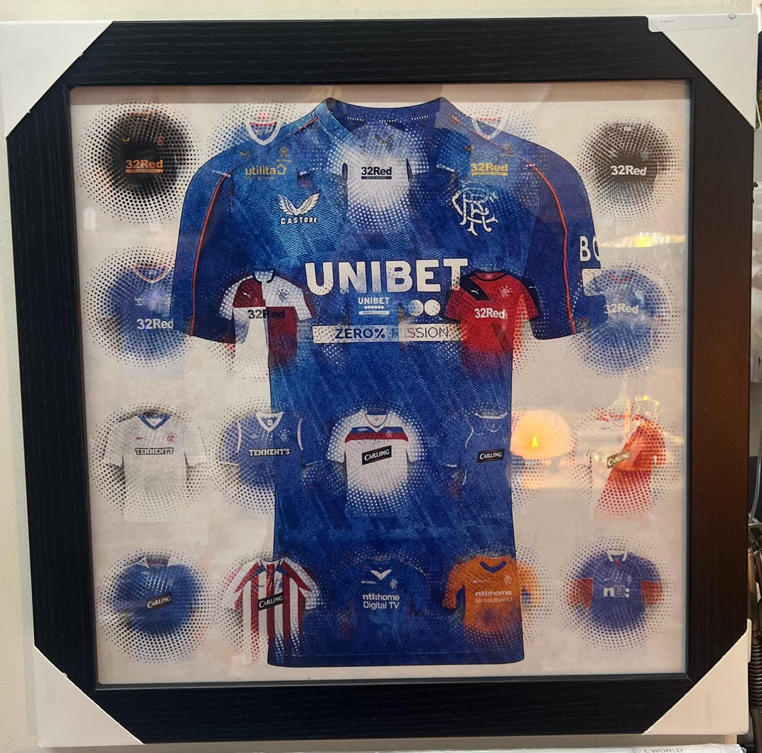 Rangers FC Team Shirts Wall Art with black Frame