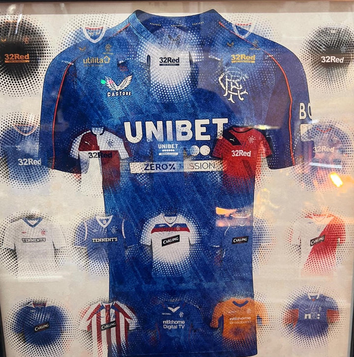 Rangers FC Team Shirts Wall Art with black Frame