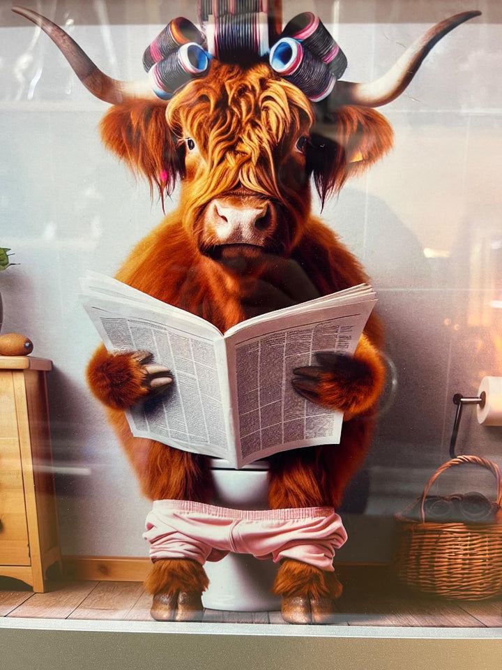 Silver frame picture PK-Highland cow sitting on a toilet with rollers newpaper