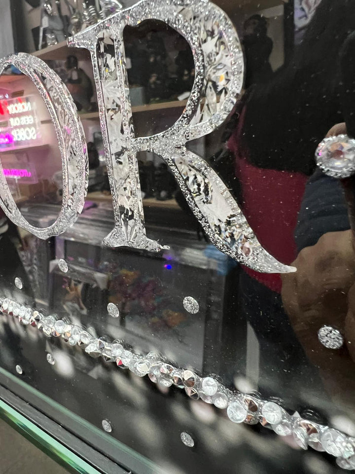 Silver & black glitter Dior picture with liquid art, crystals mirror frame