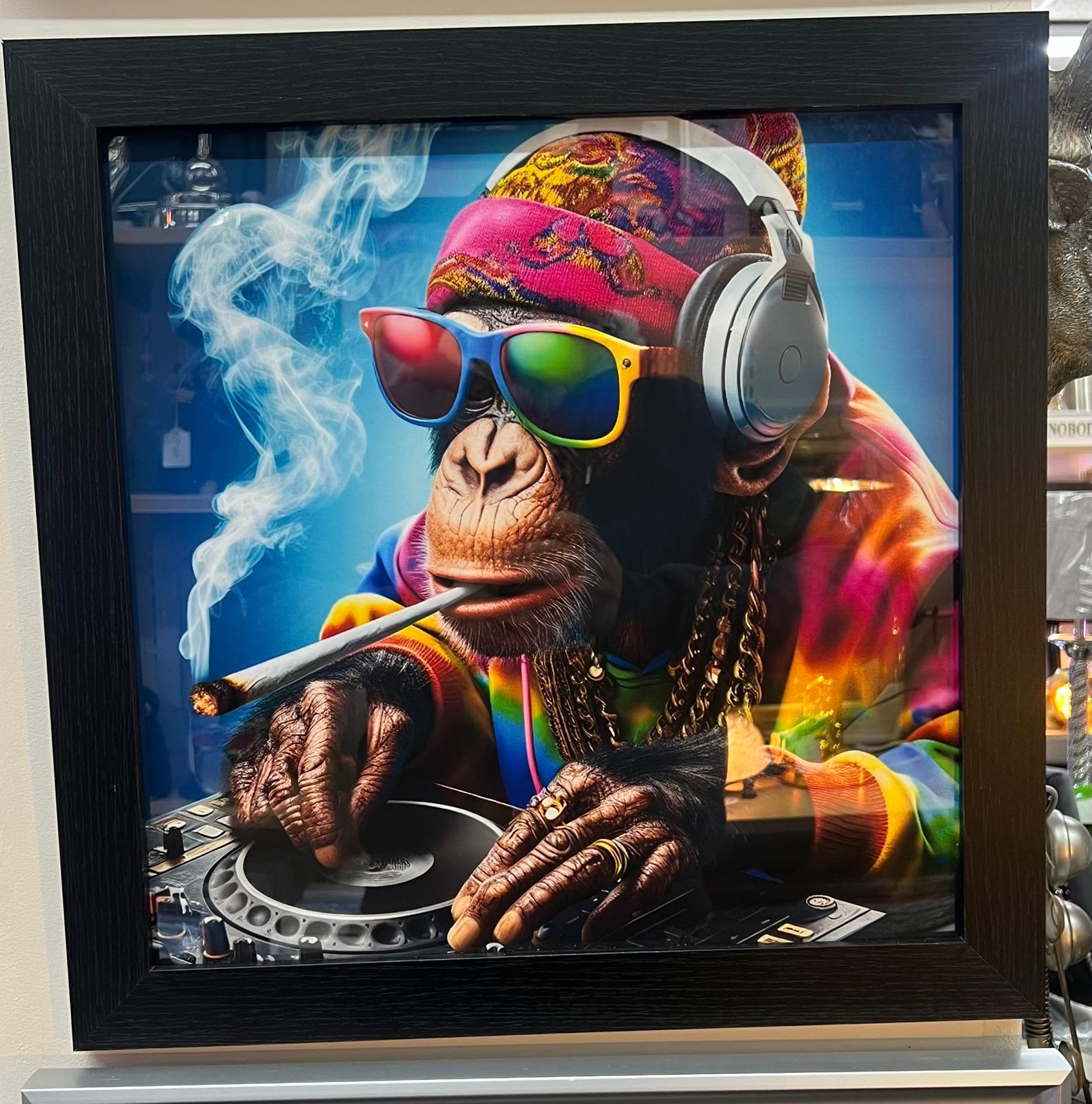 Black framed DJ monkey smoking & wearing headphones, sunglasses