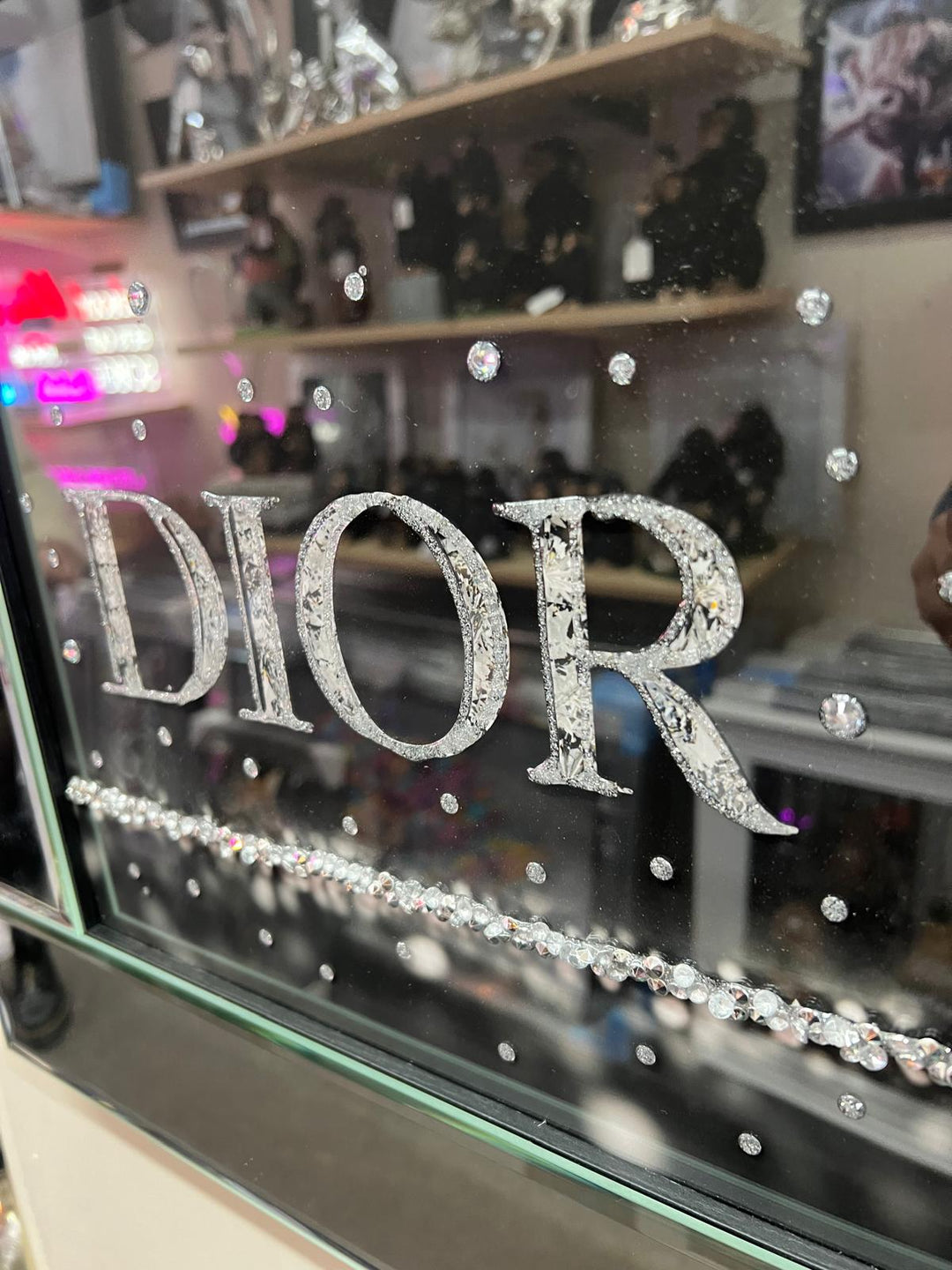 Silver & black glitter Dior picture with liquid art, crystals mirror frame