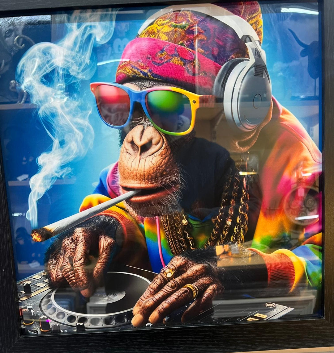 Black framed DJ monkey smoking & wearing headphones, sunglasses wall art