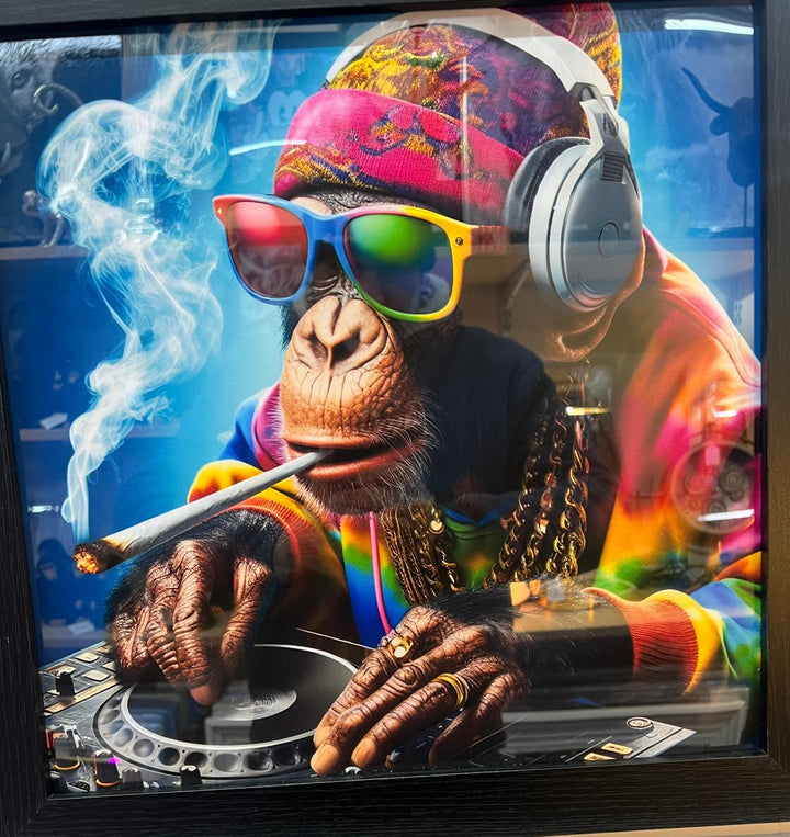 Black framed DJ monkey smoking & wearing headphones, sunglasses wall art