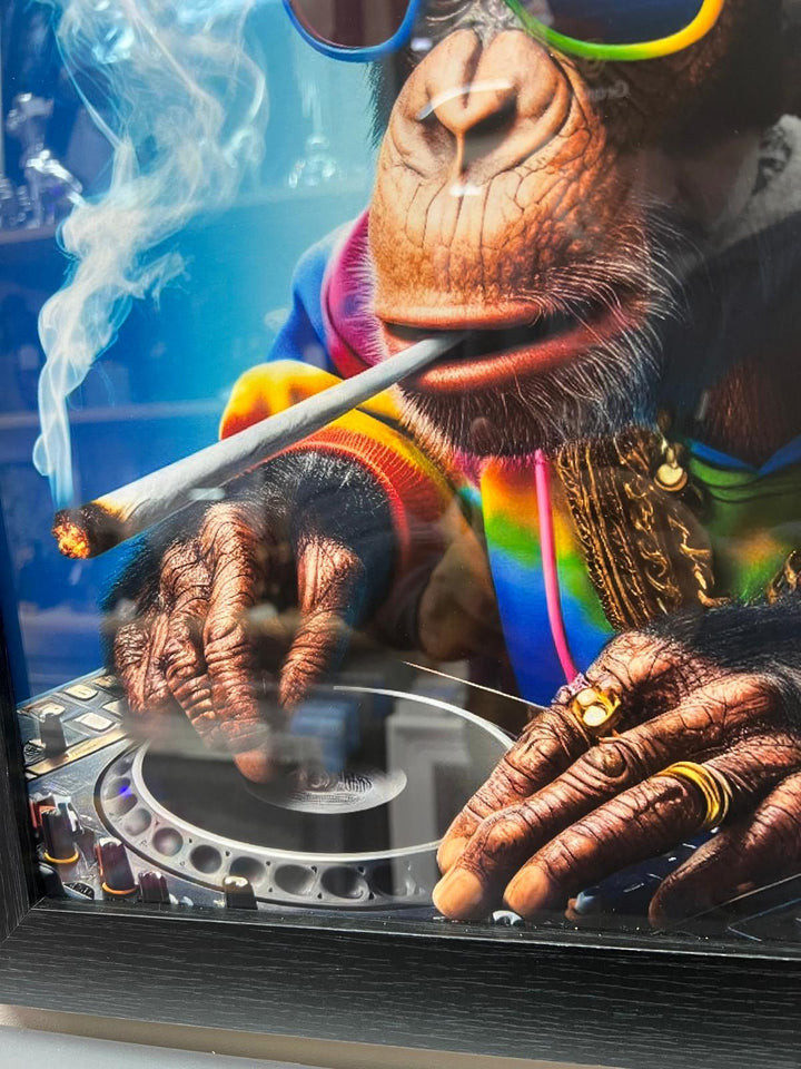 Black framed DJ monkey smoking & wearing headphones, sunglasses wall art