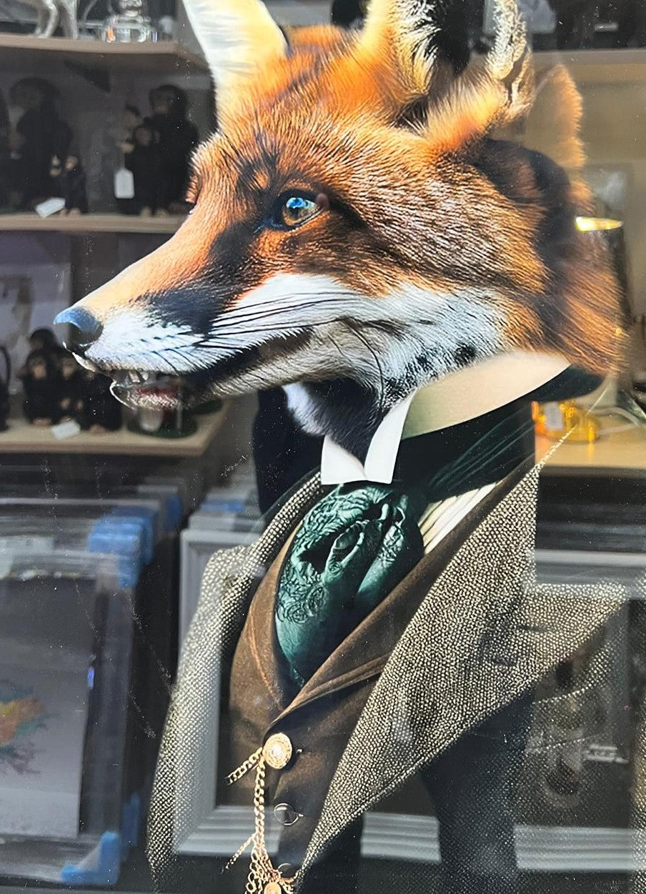 Black framed picture of fox dressed smart in suit wall art