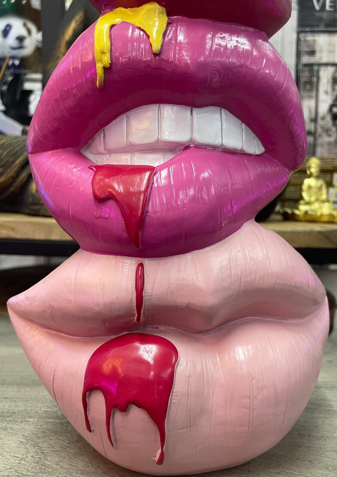Pink lips dripping art funky totem free standing Ornament