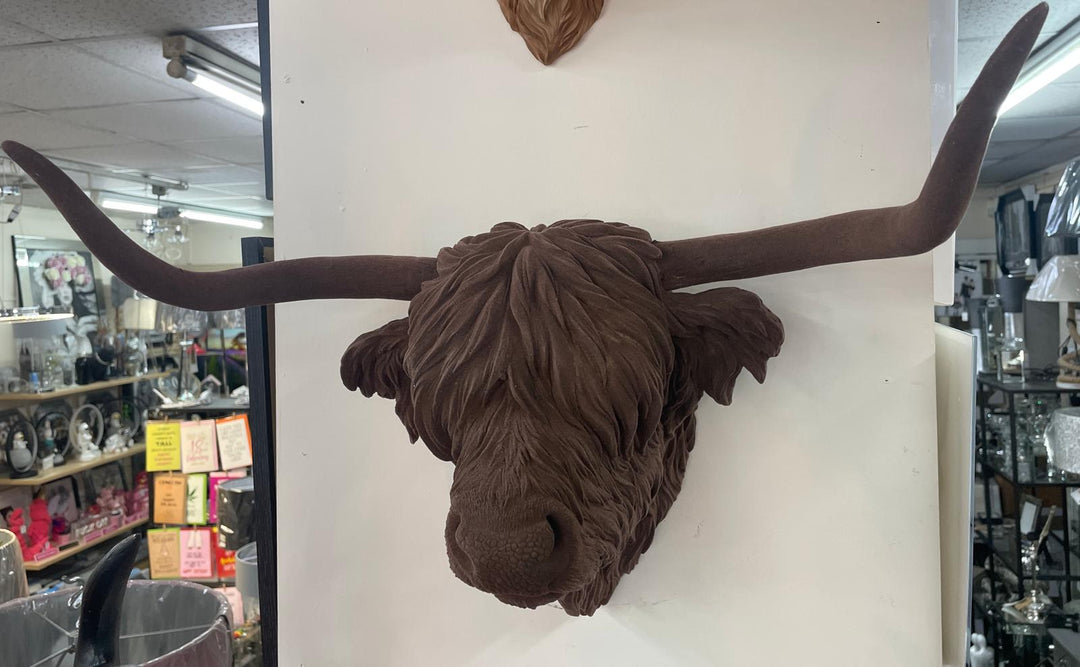 Scottish Highland Cow brown velvet head wall mounted ornament