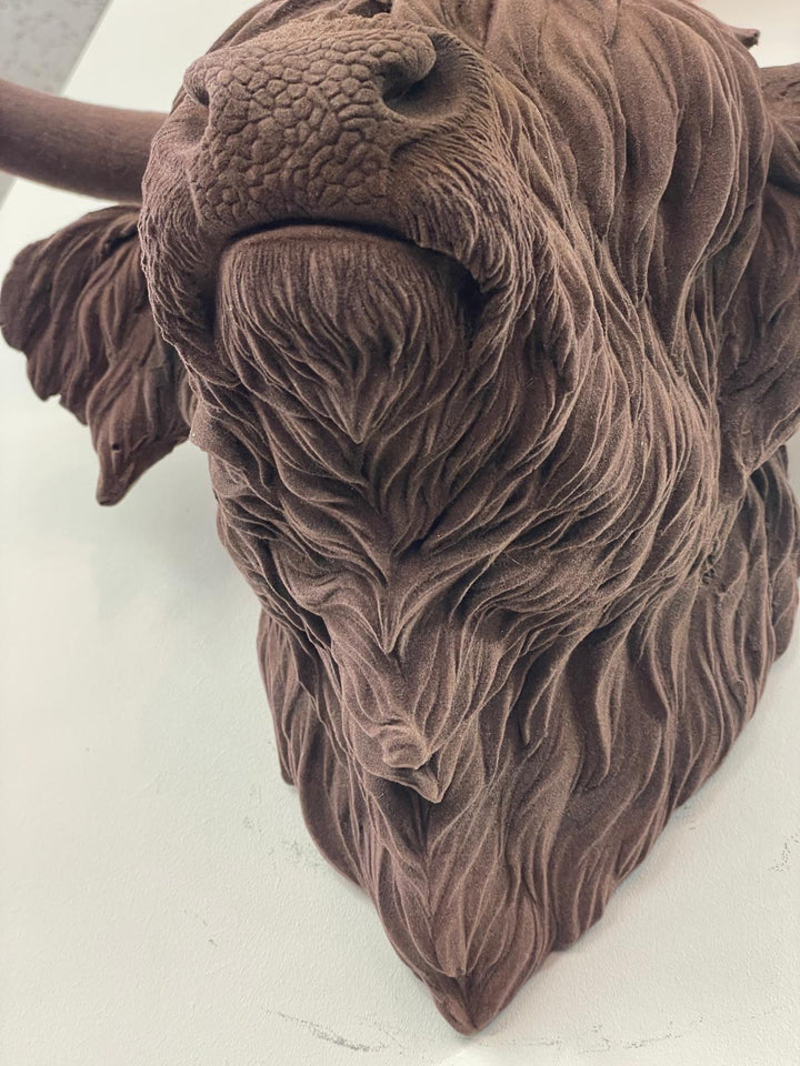 Scottish Highland Cow brown velvet head wall mounted ornament