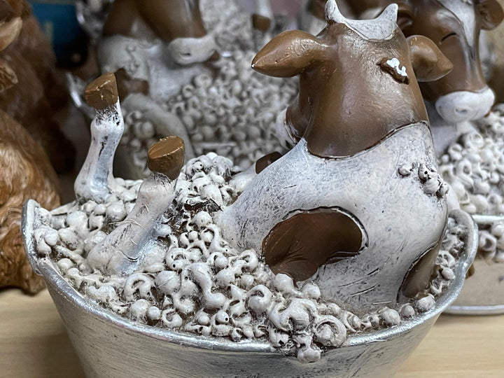 Cow brown & white in a bubble bath-silver bath ornament