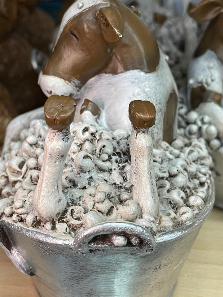 Cow brown & white in a bubble bath-silver bath ornament