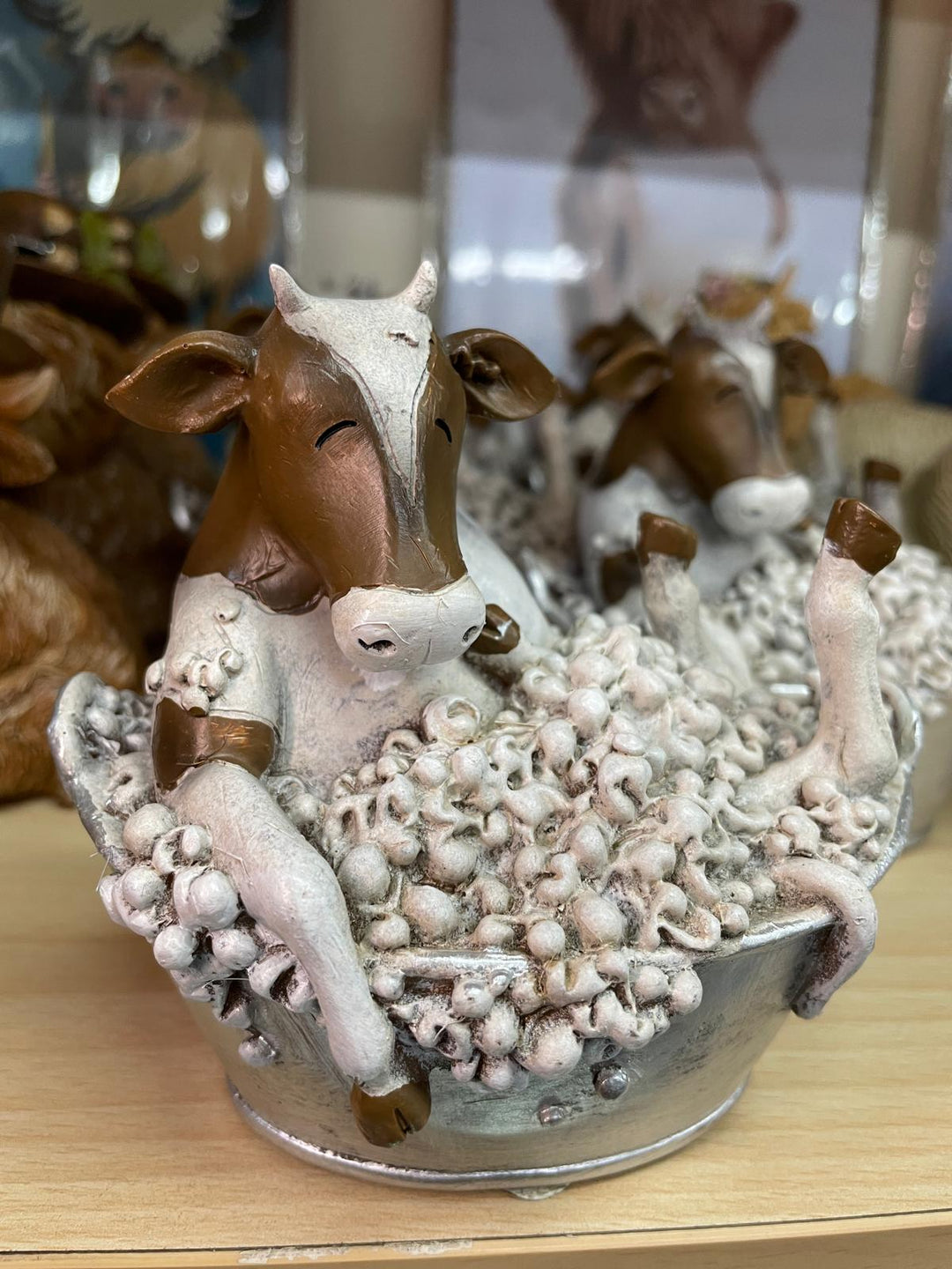 Cow brown & white in a bubble bath-silver bath ornament