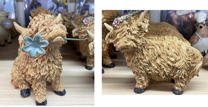 Brown Highland Cows with flower in mouth & head Ornaments