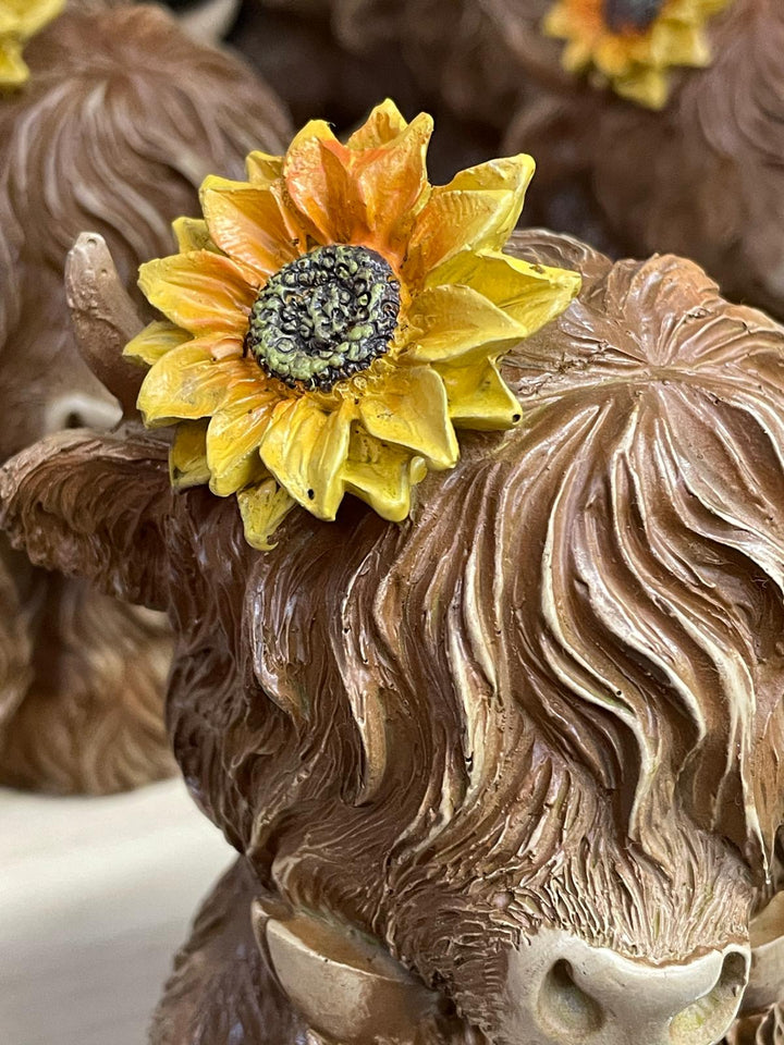 Brown Highland Cow bust with yellow sunflower on head Ornament
