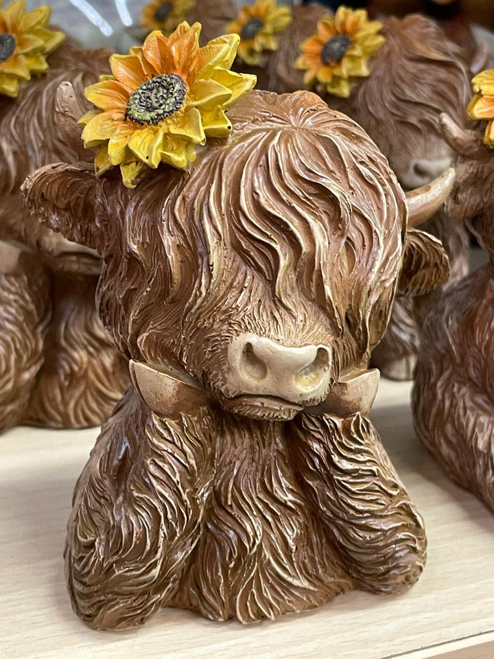 Brown Highland Cow bust with yellow sunflower on head Ornament