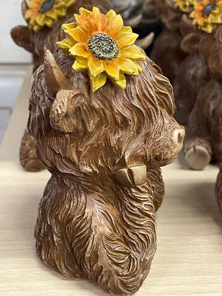 Brown Highland Cow bust with yellow sunflower on head Ornament