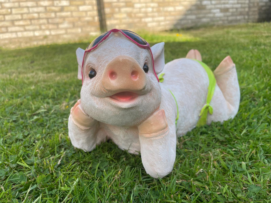 Pig in a bikini resin decorative laying lawn garden décor