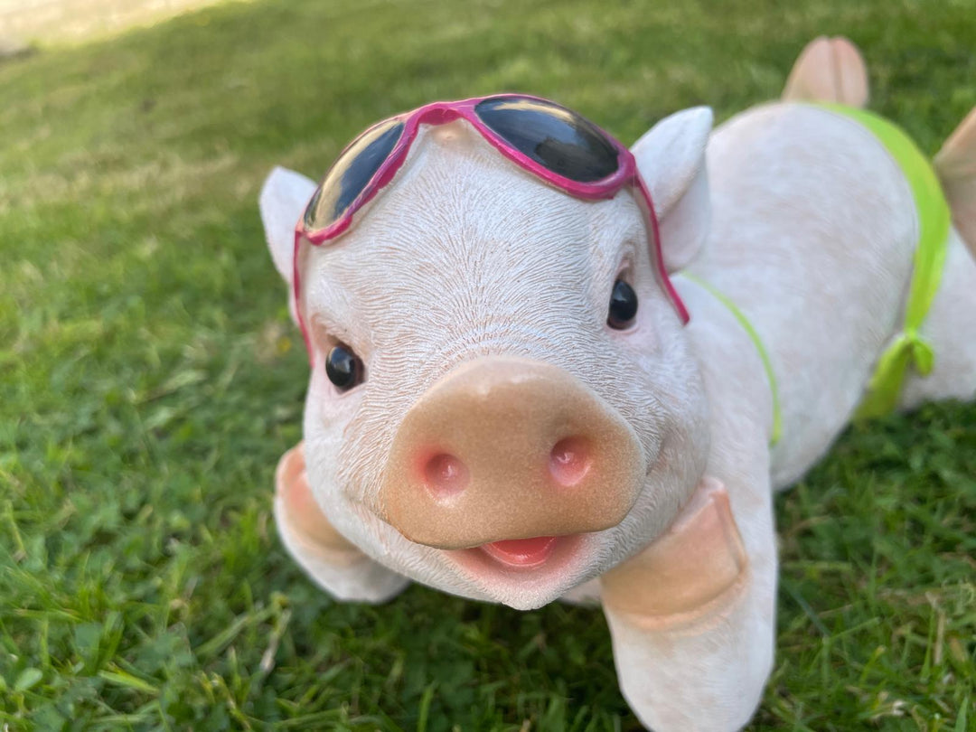 Pig in a bikini resin decorative laying lawn garden décor