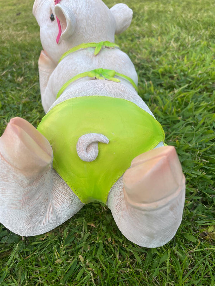 Pig in a bikini resin decorative laying lawn garden décor