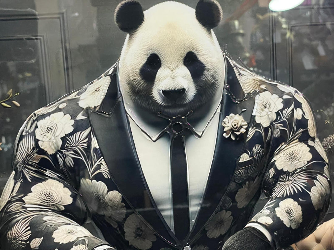 Graphite frame Panda in a black floral suit wall art quirky animal couch art