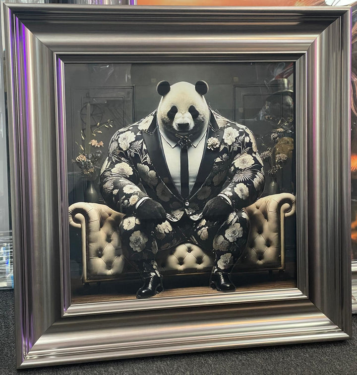 Graphite frame Panda in a black floral suit wall art quirky animal couch art