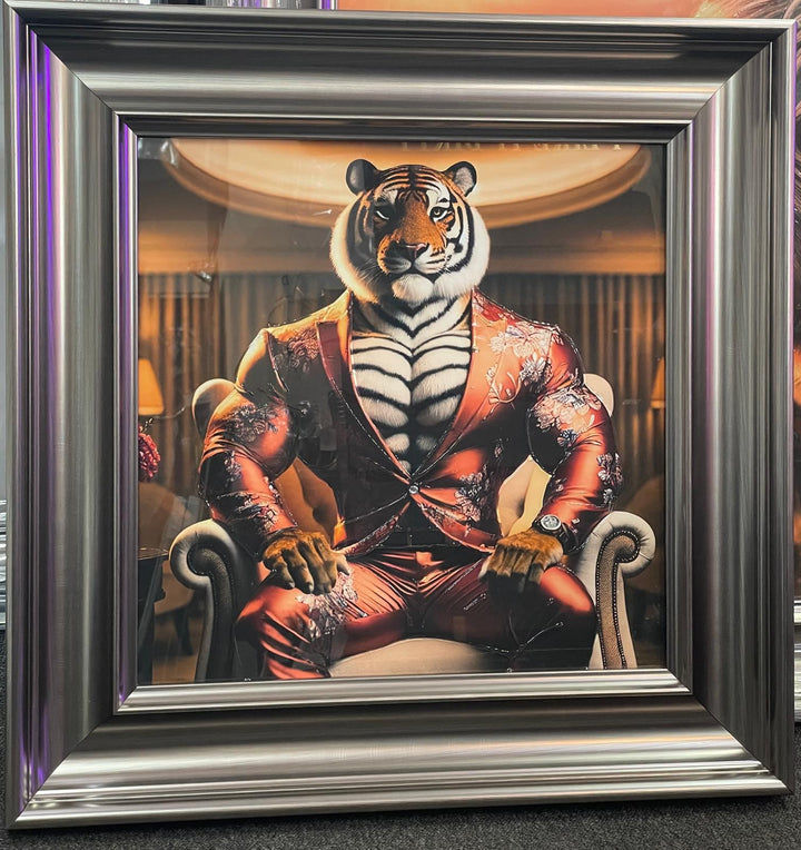 Graphite frame Tiger in a red floral suit wall art quirky animal couch
