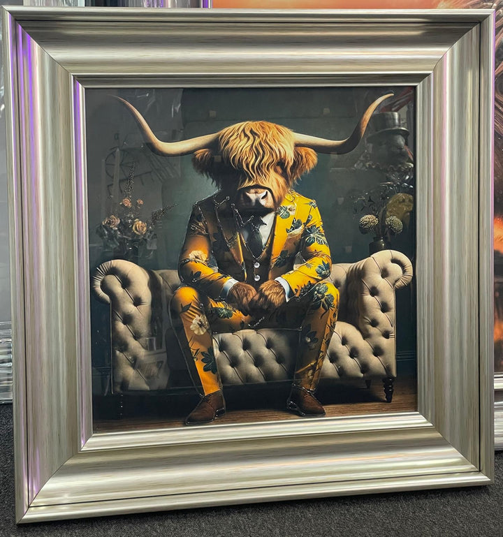 Highland Cow in mustard floral suit couch wall art Champagne/Black frame