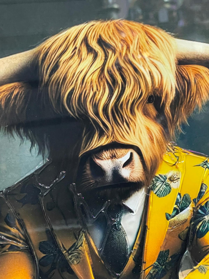 Highland Cow in mustard floral suit couch wall art Champagne/Black frame