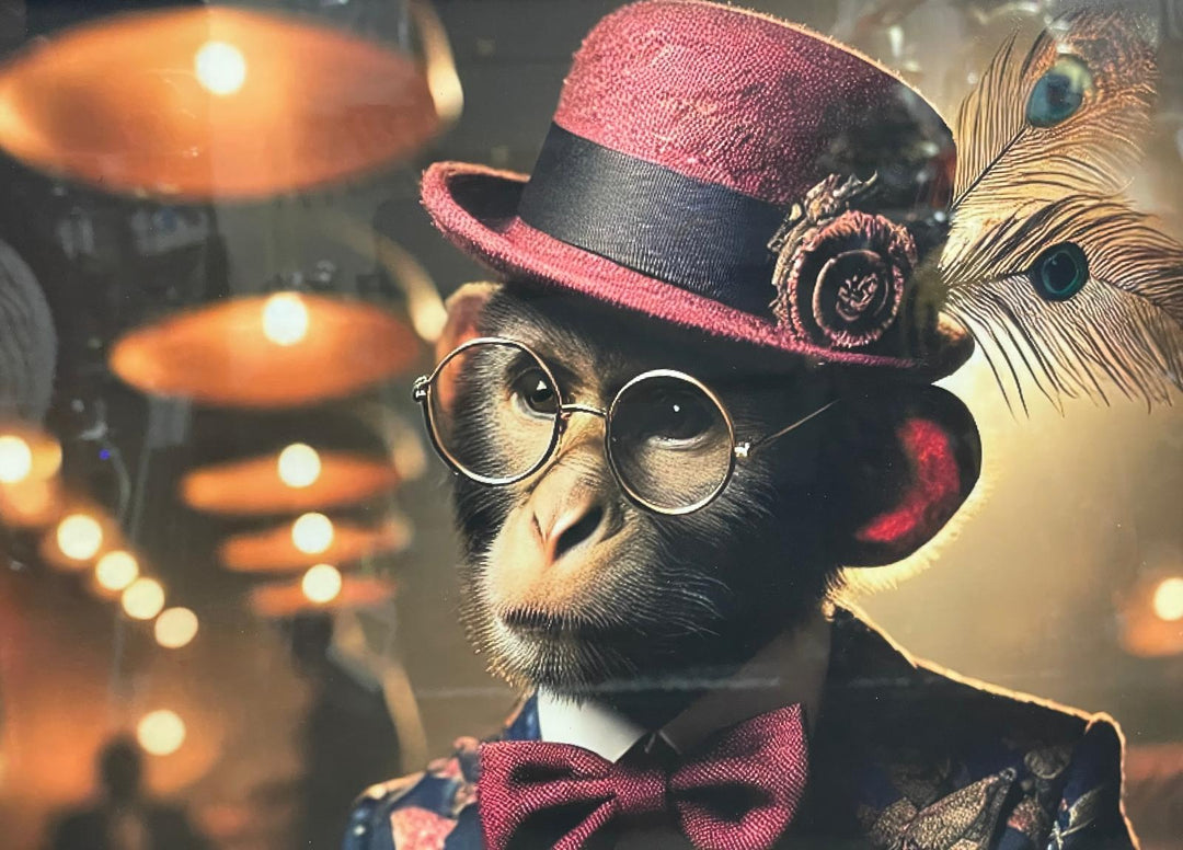 Black frame Monkey floral suit, hat, drink in bar wall art