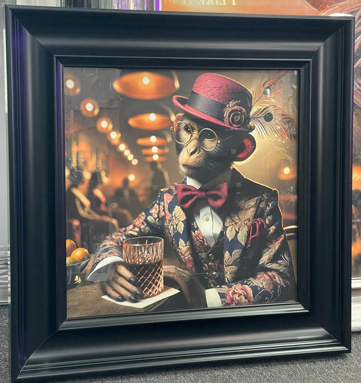 Black frame Monkey floral suit, hat, drink in bar wall art