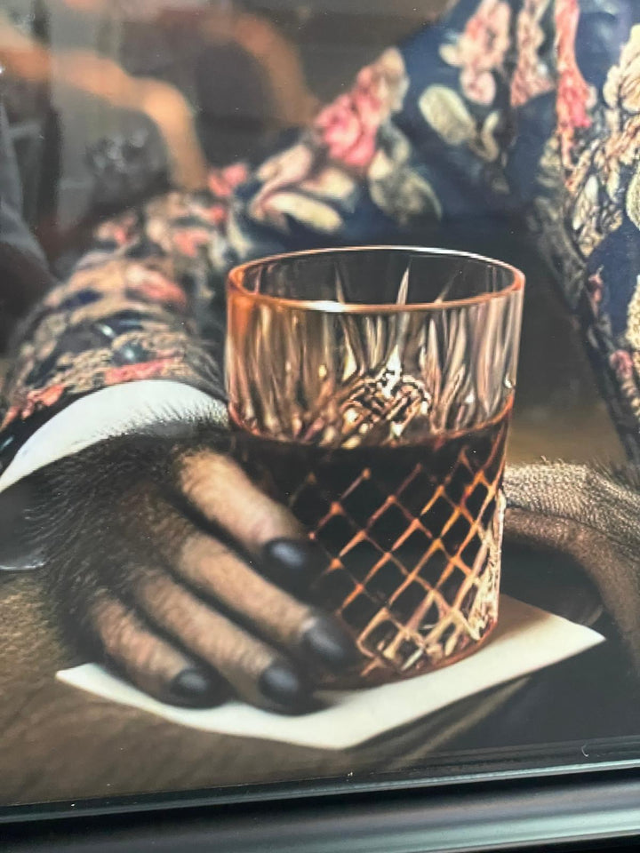Black frame Monkey floral suit, hat, drink in bar wall art